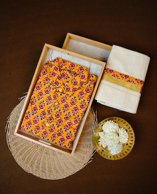 Mustard Yellow Colour Full-Sleeve Shirt with Prints, Paired with a Cotton Double Dhoti Featuring Matching Prints.