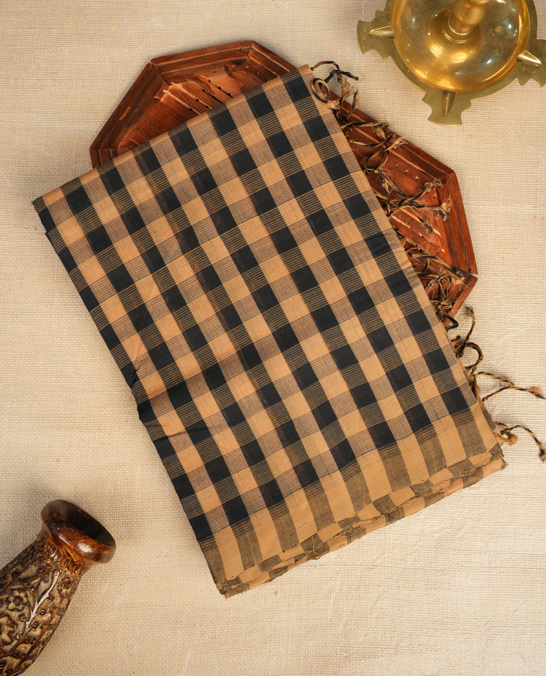 Black & Light Brown  Colour Mangalagiri cotton saree  Featuring Check Pattern On Body , WithOut border & Contrast Striped Pallu. Paired with a matching blouse piece
