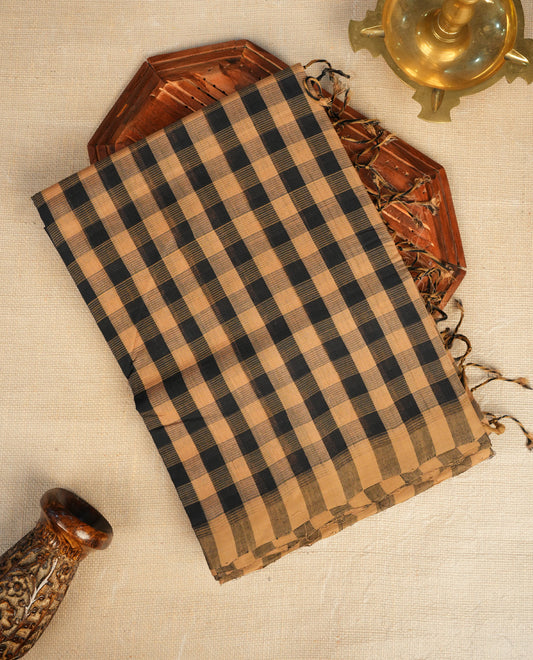 Black & Light Brown  Colour Mangalagiri cotton saree  Featuring Check Pattern On Body , WithOut border & Contrast Striped Pallu. Paired with a matching blouse piece
