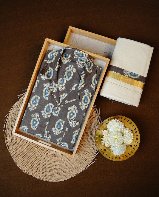 Olive Grey Colour Half-Sleeve Leaf Printed Shirt,Paired with a Cotton Double Dhoti Featuring Matching Prints