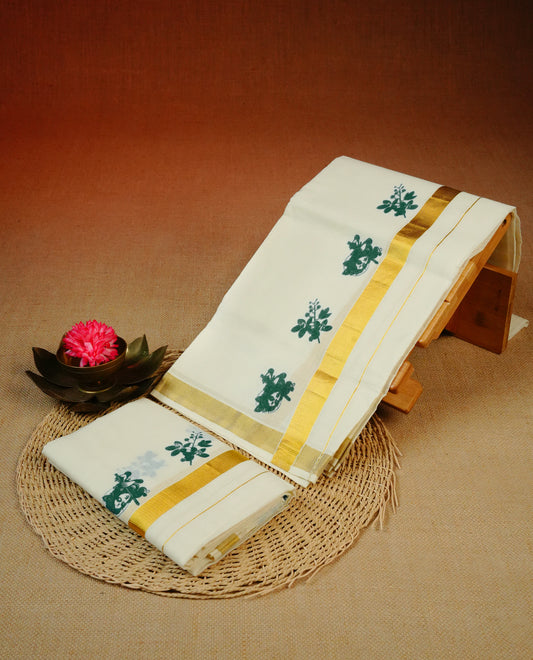 Cream colour Cotton set mundu With plain body, enhance gold zari with Teal colour Krishna & Floral print kara.