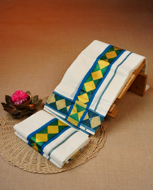 Cream colour cotton set mundu featuring Gold box pattern on blue kara .