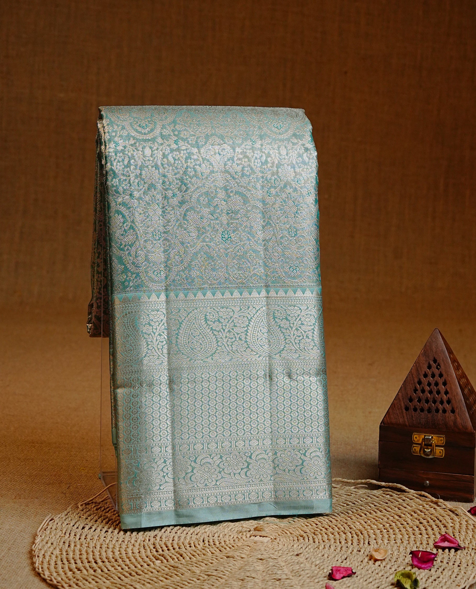 Mint & Gold Double shade Semi Tissue Silk saree featuring Light gold Kodi pattern on body, complemented by Self colour with gold zari border, paired with matching blouse piece.