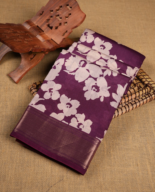 Grape Purple colour Viscos semi printed saree featuring a light golden zari border, abstract off white printed motifs on the body, and comes with a matching blouse
