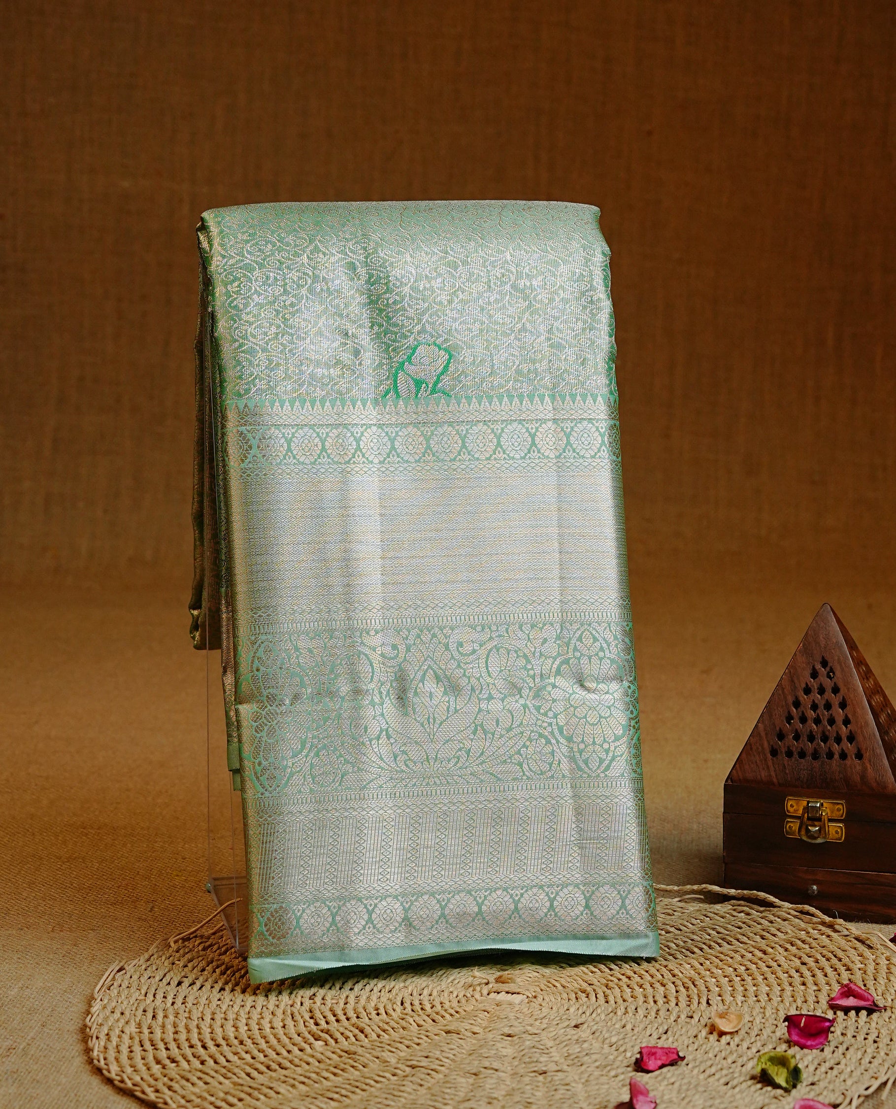 Mint & Gold Double shade Semi Tissue Silk saree featuring Light gold Kodi pattern on body, complemented by Self colour with gold zari border, paired with matching blouse piece.