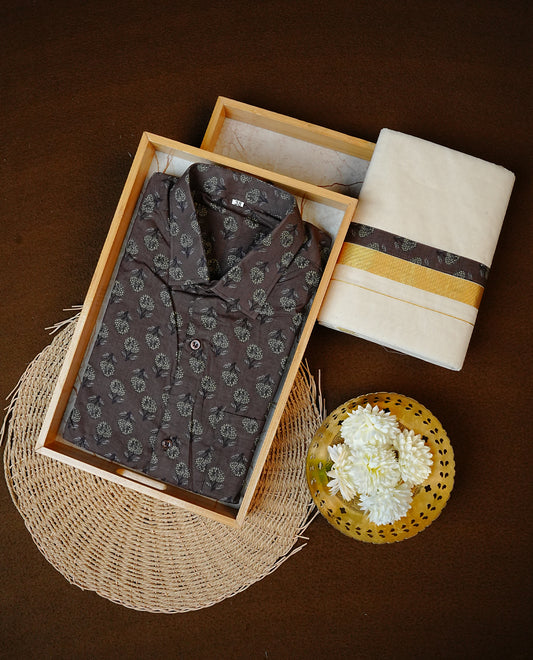 Dark Brown Colour Half-Sleeve Shirt With Floral Prints, Paired with a Cotton Double Dhoti Featuring Matching Prints.
