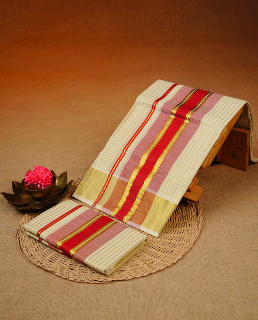 Cream colour Cotton set mundu With Gold zari check on body, enhance gold zari with red colour kara.