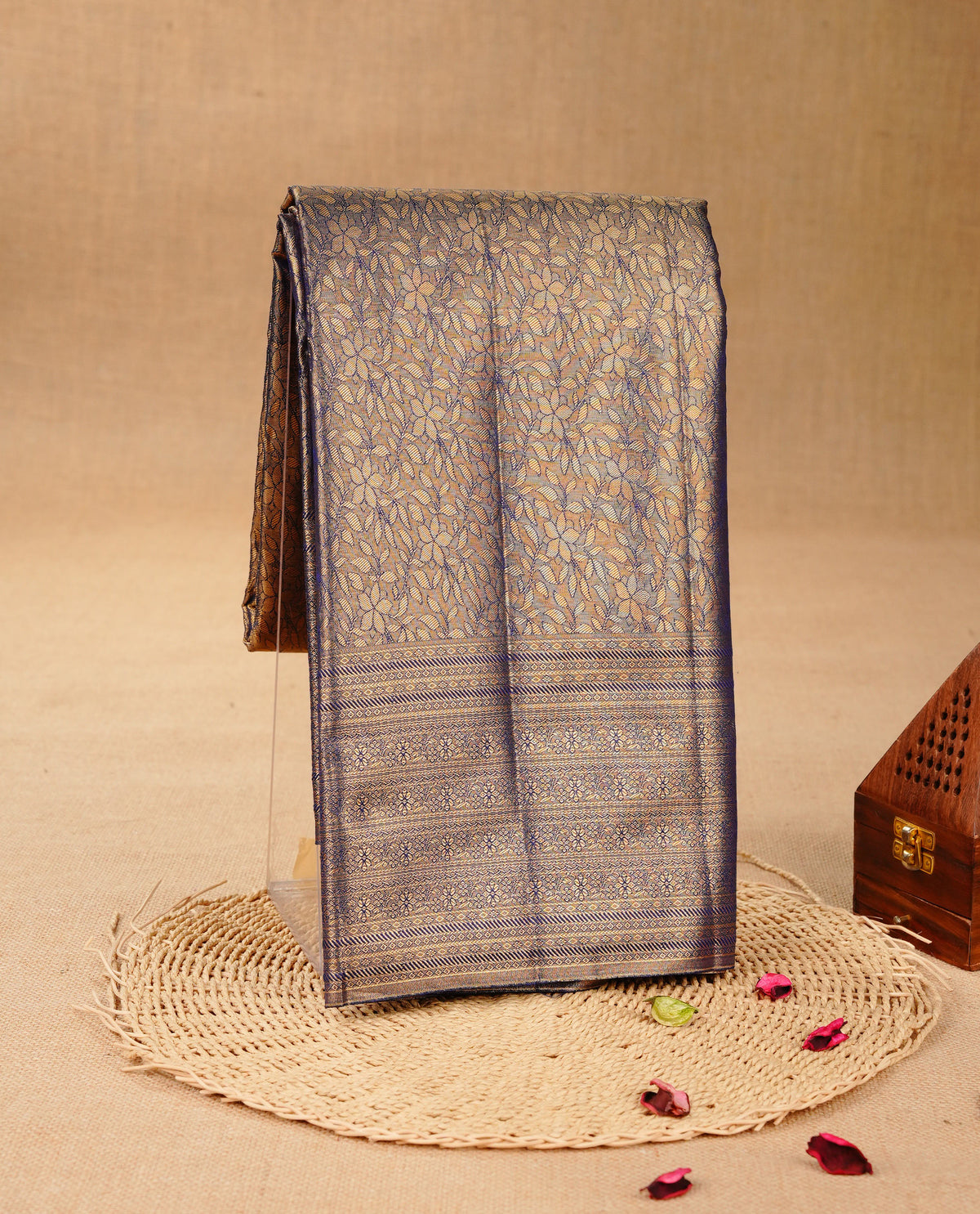 Navy blue & Gold colour Double shade Semi tissue silk saree featuring self color kodi pattern on body, self colour with Fancy border, paired with matching.