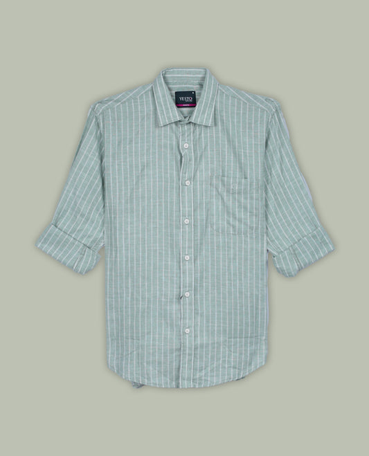 Pastel green and white colour striped shirt in soft cotton, featuring vertical lines for a sleek, timeless look, Designed with a classic collar and full sleeves, it blends effortless style with everyday comfort.