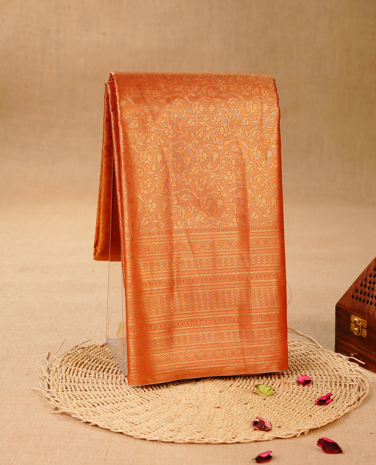 Orange & Gold colour Double shade Semi tissue silk saree featuring self color kodi pattern on body, self colour with Fancy border, paired with matching.