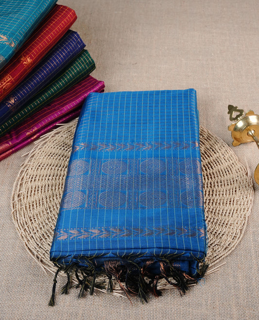 Blue  colour Kalyani cotton saree featuring Gold zari checks on body, enhanced with zari border and grand zari pallu, comes with self colour blouse piece.