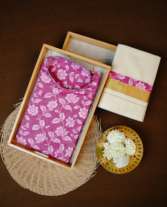 Pink Colour Floral Printed Half-Sleeve Shirt, Paired with a Cotton Double Dhoti Featuring Matching Prints.
