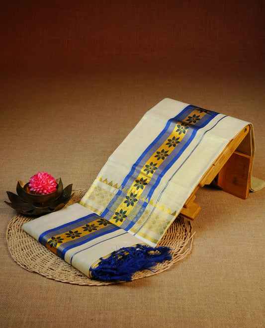 Light gold Tissue Set mundu featuring Blue floral print on gold kasav kara.