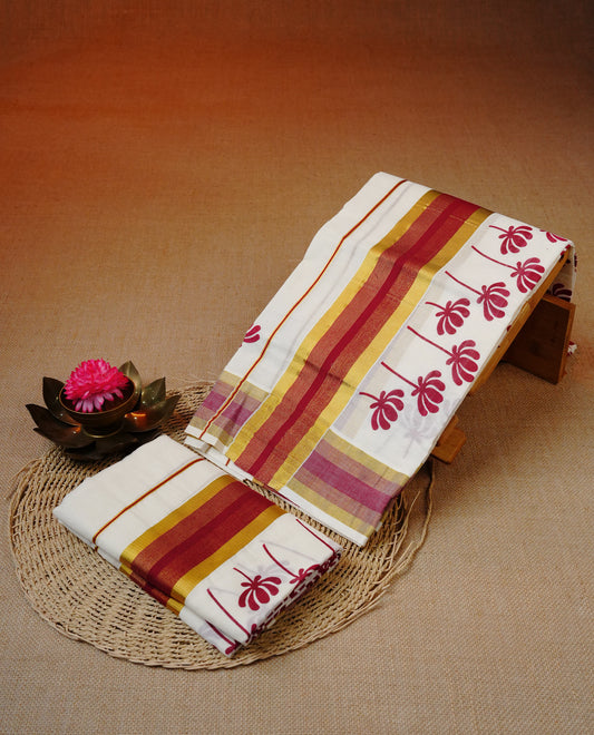Cream colour cotton set mundu featuring kasav with Maroon Printed kara