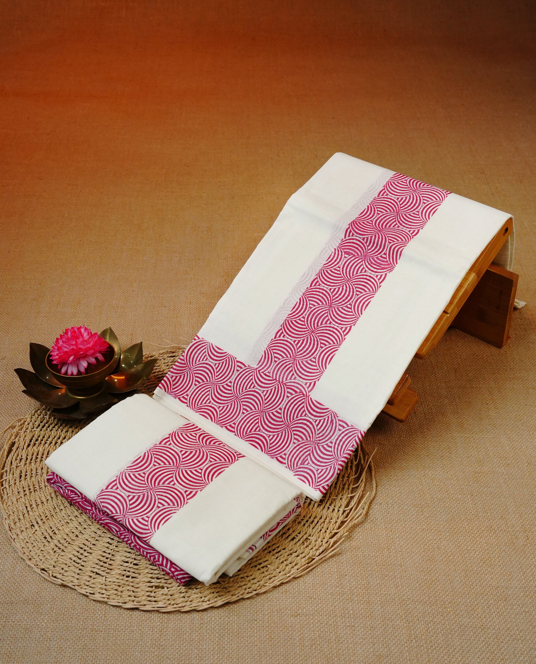 Cream colour Cotton set mundu featuring magenta design printed border