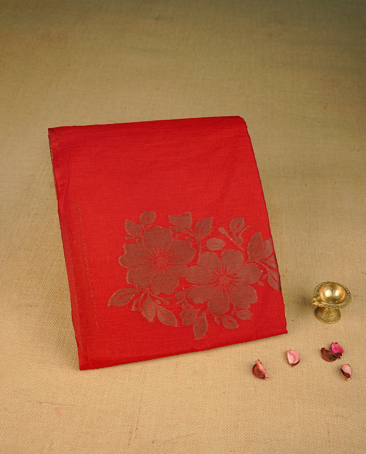 Dark Rust Brown  colour semi linen saree with elegant gold zari Floral motifs across the body, complemented by a contrast colour with grand gold zari pallu and a borderless design, paired with a matching blouse piece.