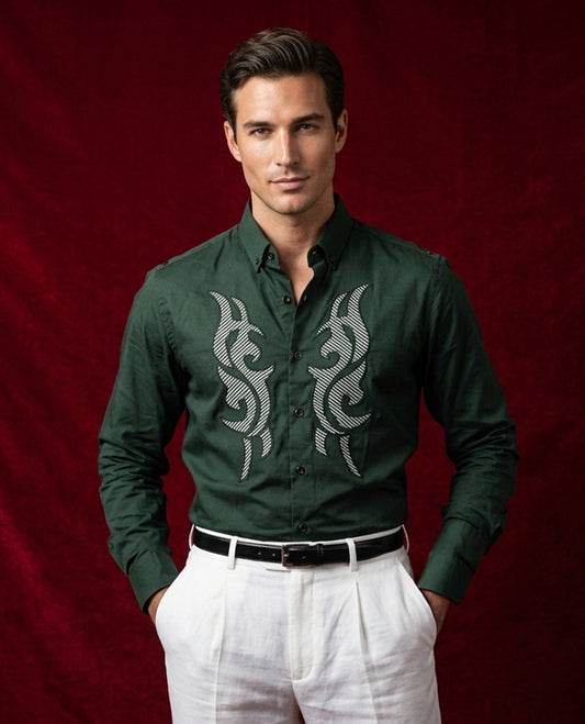 Green colour shirt designed with white print and black stone on body, adored with half sleeve.