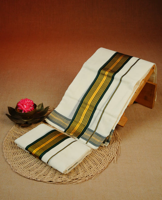 Cream colour Cotton set mundu With plain body , Featuring Gold & green kara.