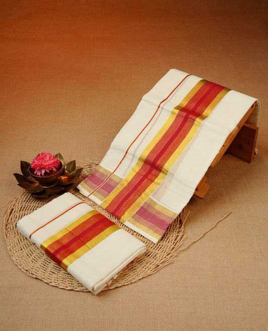 Cream colour cotton set mundu featuring gold kasav with red kara.