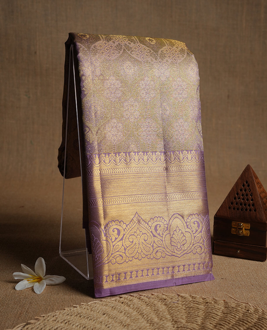 Lavender & gold double shade colour kancheepuram tissue silk saree highlighting gold zari pattern body, with contrast Lavender colour colour with traditional border and paired with matching blouse.
