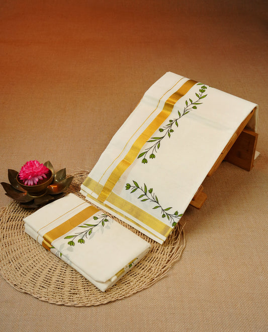 Cream colour cotton set mundu featuring Simple kasav kara with green kodi print.
