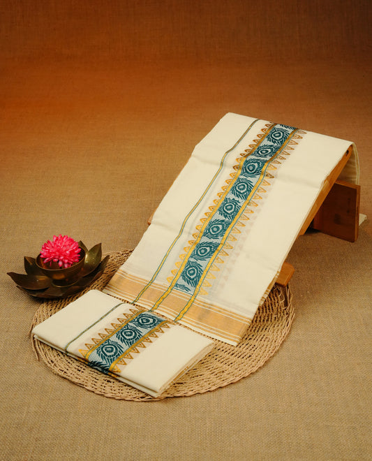Cream colour cotton Set Mundu With Plain body, enhanced with green & Gold kasavu kara.