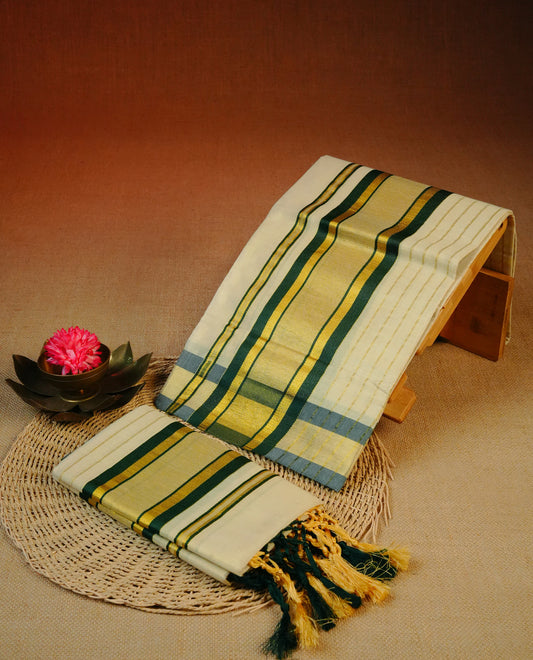 Cream Colour tissue set mundu featuring a Striped body, enhanced with elegant Green & gold zari kara.