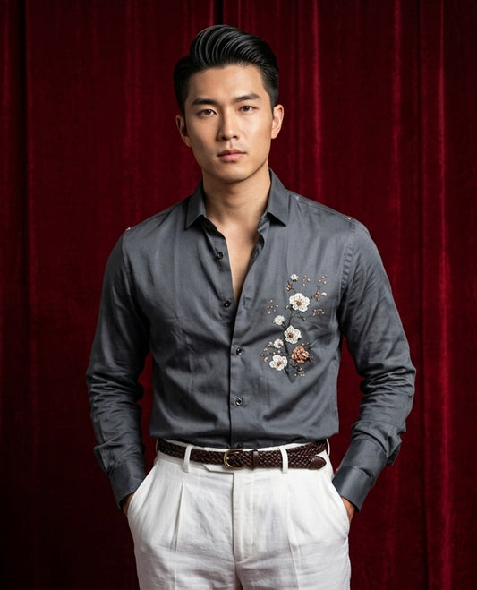 Bluish Grey colour shirt designed with floral print on body, full sleeve.