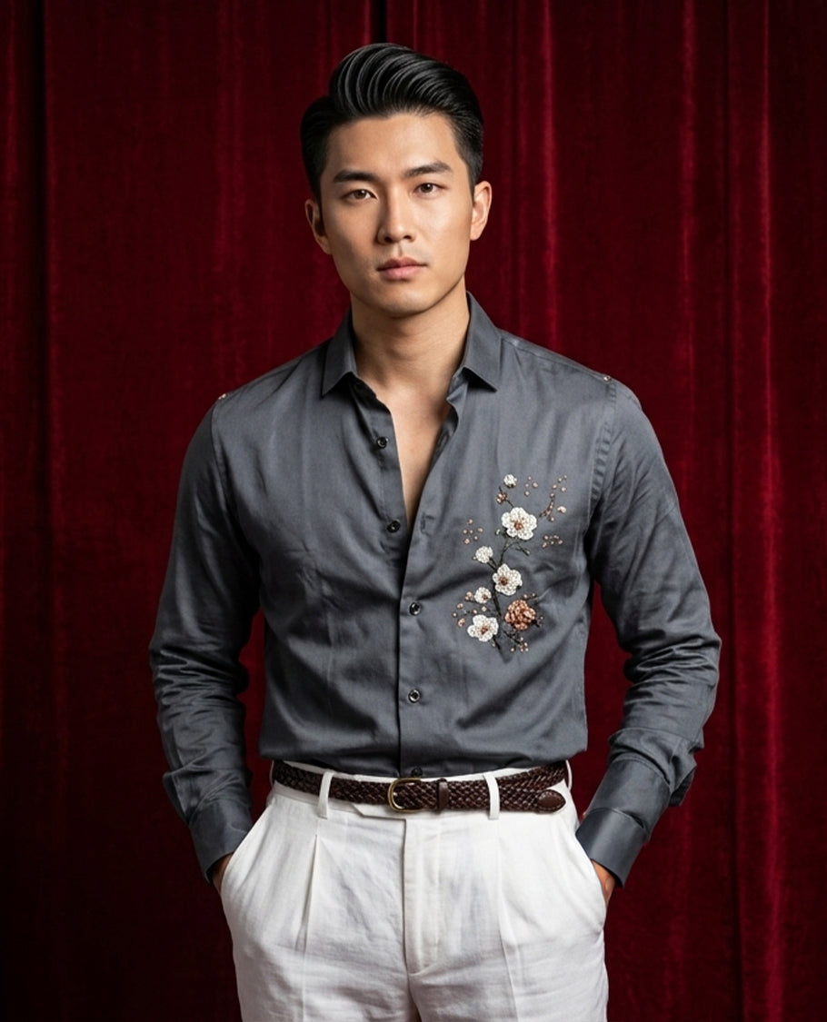Bluish Grey colour shirt designed with floral print on body, full sleeve.