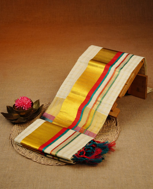 Cream colour cotton Set Mundu With Gold zari check on body, enhanced with Green, Red & gold zari kara.