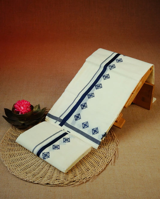 Cream colour Cotton set mundu With plain body, Featuring Print & Blue kara.