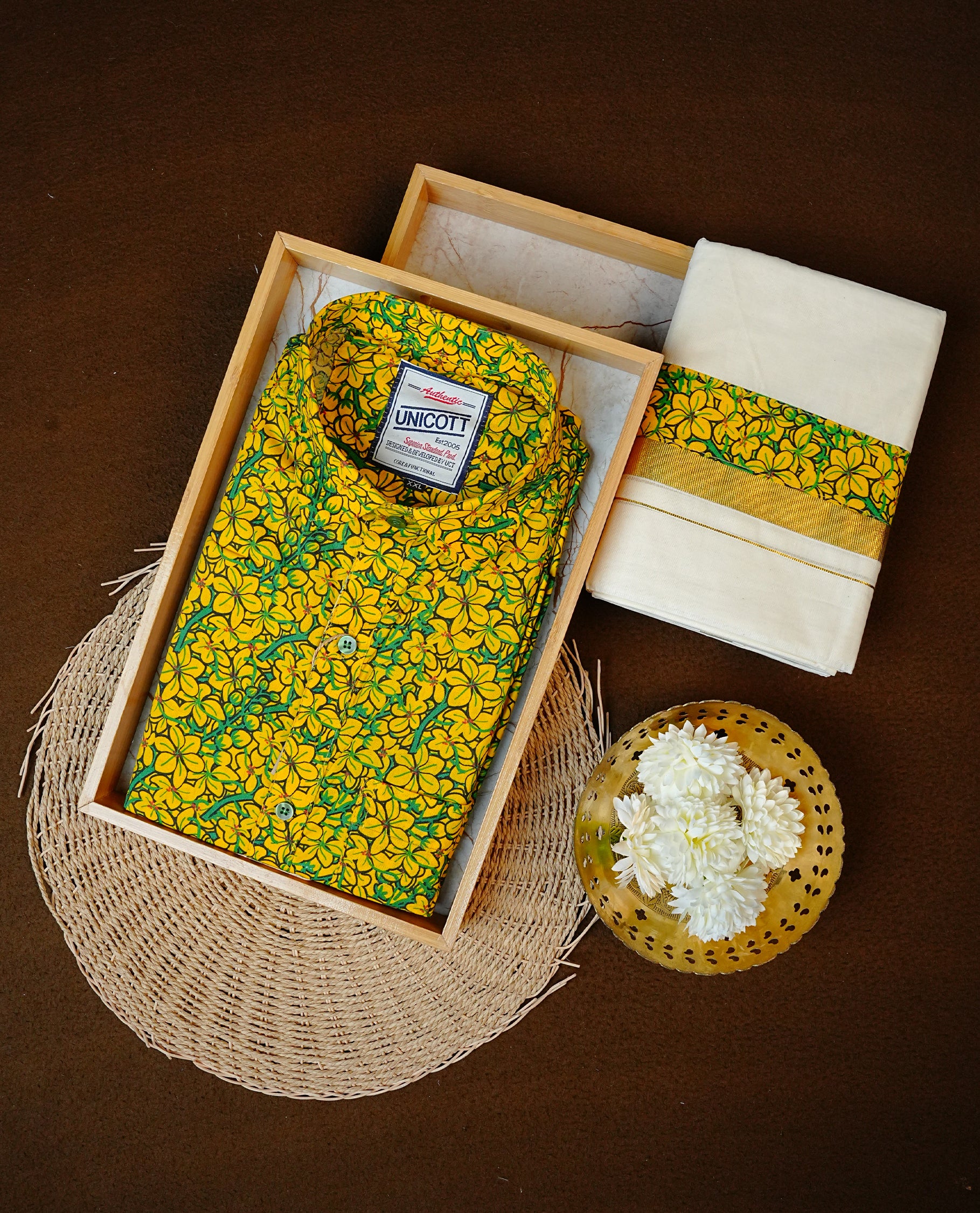 Kanikkonna Printed Full-Sleeve Shirt, Paired with a Cotton Double Dhoti Featuring Matching Prints.