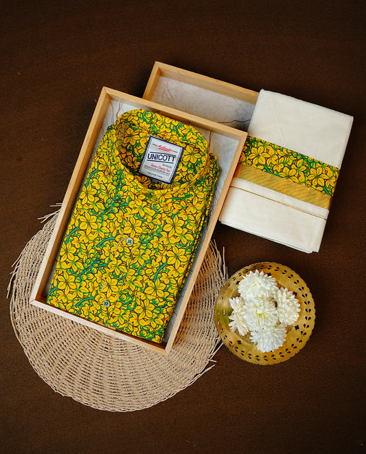 Kanikkonna Printed Full-Sleeve Shirt, Paired with a Cotton Double Dhoti Featuring Matching Prints.