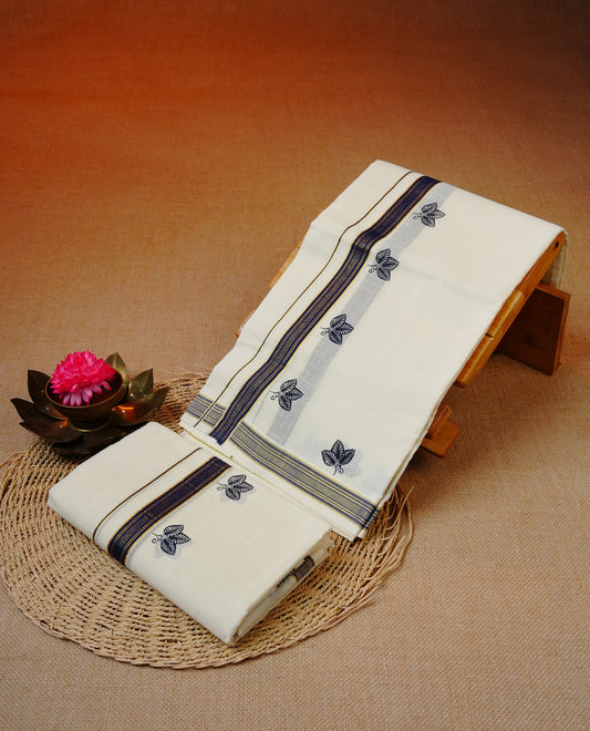 Cream colour cotton set mundu featuring Blue & gold kara with leaf print.