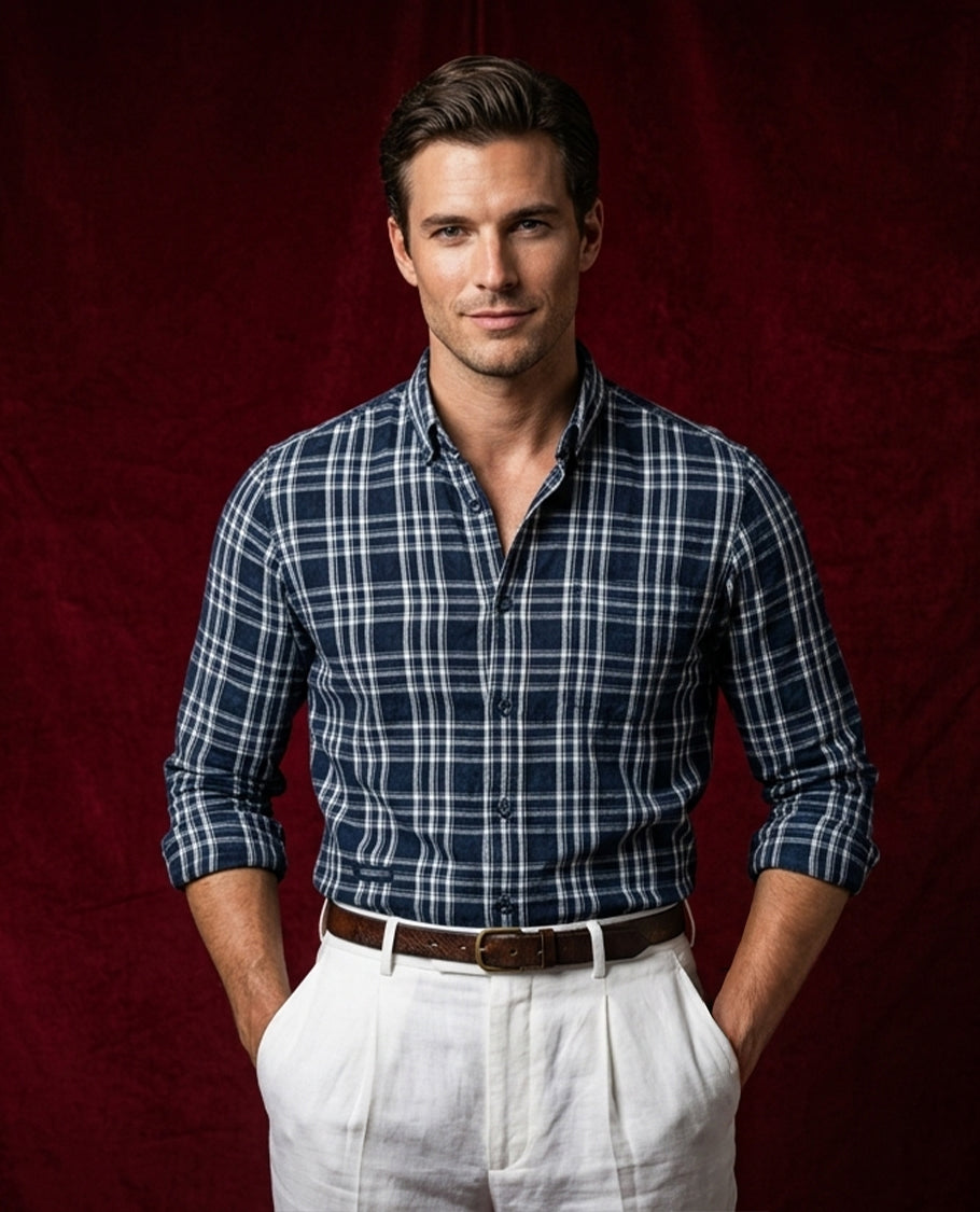 Navy blue colour shirt designed with white check on body, full sleeve.