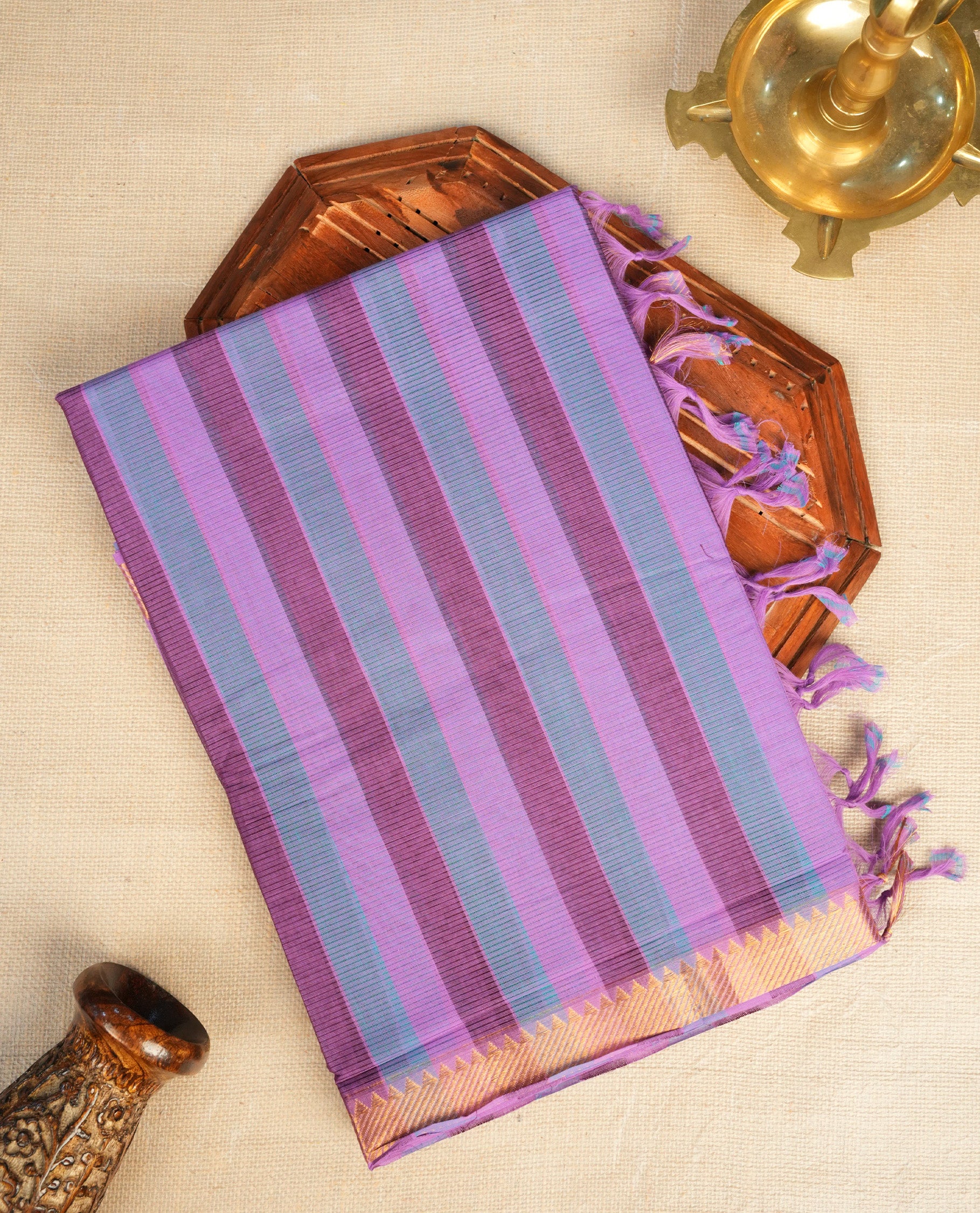 Teal Green,Purple  & Lavender Colour Mangalagiri Cotton Featuring Contrast stripes On Body, Complemented By Gold Zari border & Contrast Pallu ,Paired With Matching Blouse Piece.