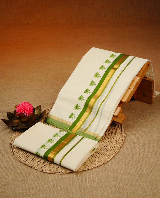 Cream colour Cotton set mundu With plain body, enhance gold zari with Green colour kara.