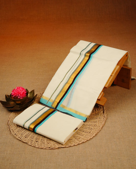 Cream colour Cotton set mundu With plain body, enhance gold zari with Blue & Chocolate colour kara.