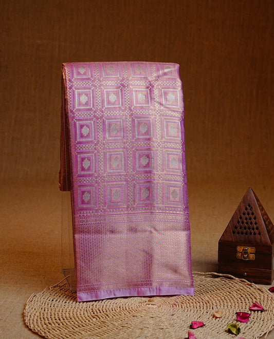 Pink & Gold Double shade Semi Tissue Silk saree featuring Light gold Box pattern on body, complemented by Contrast Pink with gold zari border, paired with matching blouse piece.