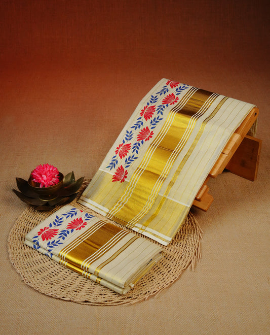 Cream Colour tissue set mundu featuring a striped body, enhanced with elegant floral prints and finished with a rich gold zari kara.