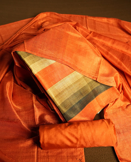 Orange colour churidhar material featuring elegant horizontal stripes on the yoke and dupatta, woven in shades of Green and Orange & Paired with a matching plain bottom