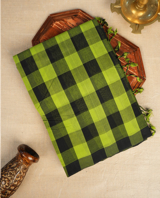 Black and green Colour  Mangalagiri cotton saree with a bold checked body & striped pallu, Paired with a matching blouse piece.