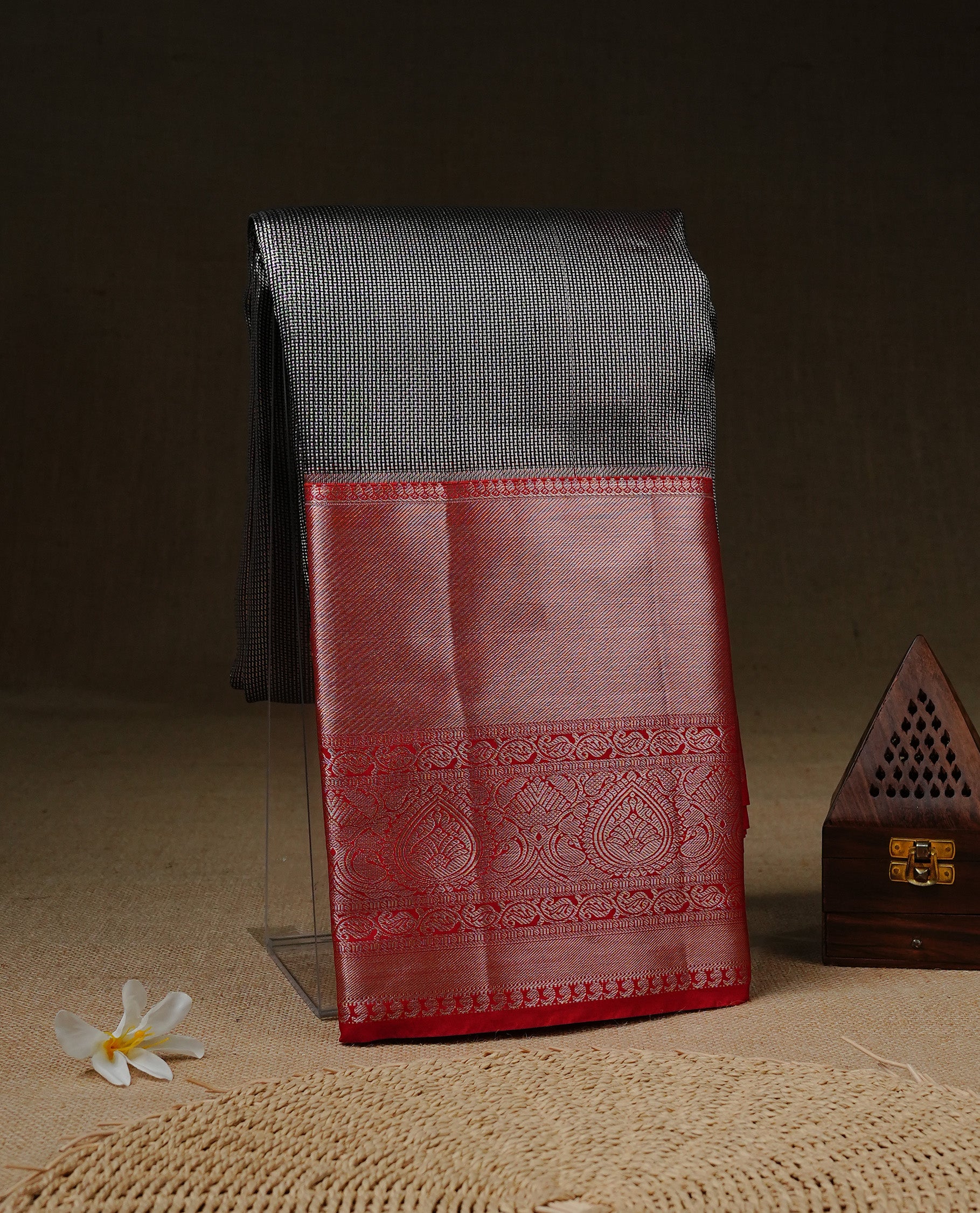 Black & silver Cream colour Net Tissue saree Elegant plain body, complemented by Red colour with Light gold zari traditional border, paired  with matching blouse piece.