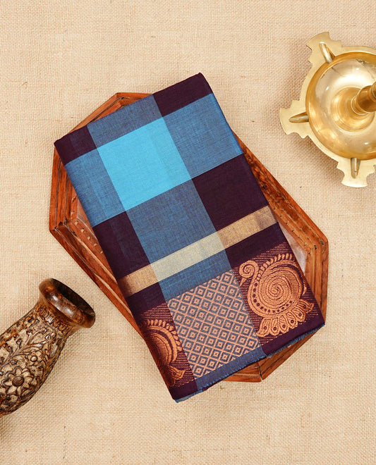Grape & Blue colour chettinad cotton saree featuring check pattern on body, complemented by Self Colour with Copper zari border, comes with matching blouse piece.