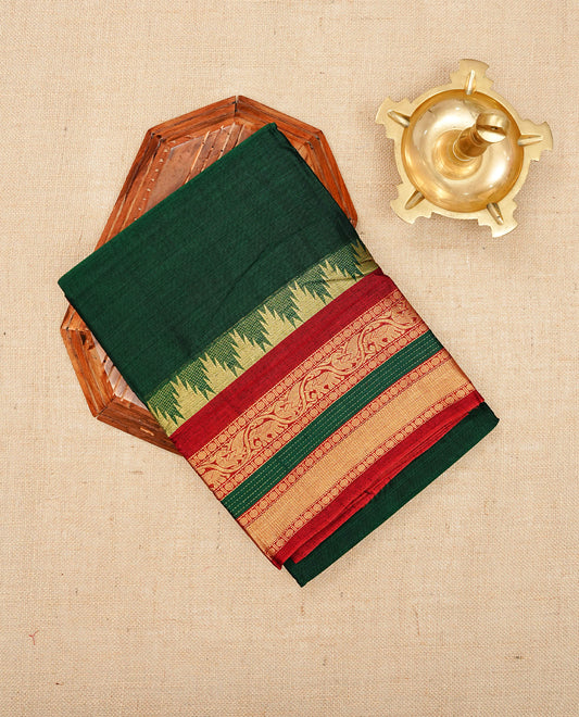 Bottle Green colour Narayanapattu cotton saree with a plain body, complemented by a red colour with Gold Zari temple designed  border & contrast pallu, paired with a matching blouse piece.