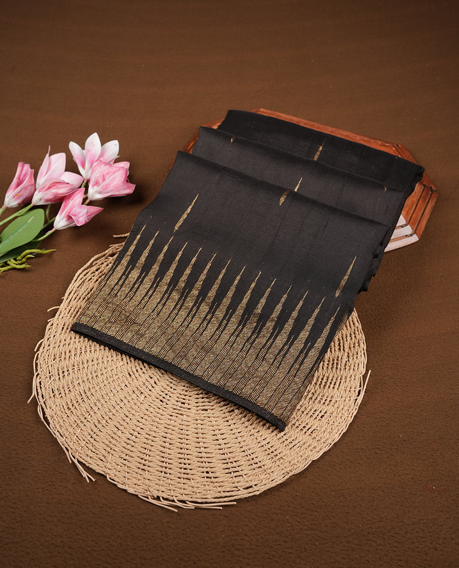 Black colour semi banaras tussar georgette saree featuring antique gold zari buttas on body, temple pattern on border and floral pattern on pallu, paired with matching blouse piece.