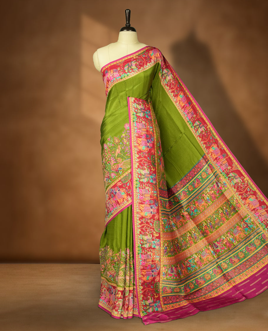 Olive Green Pashmina Silk Saree with Plain Body, Vibrant Multicolor Embroidered Elephant and Floral Design on Contrasting Pink Zari Border & Pallu, Paired with Matching Blouse Piece