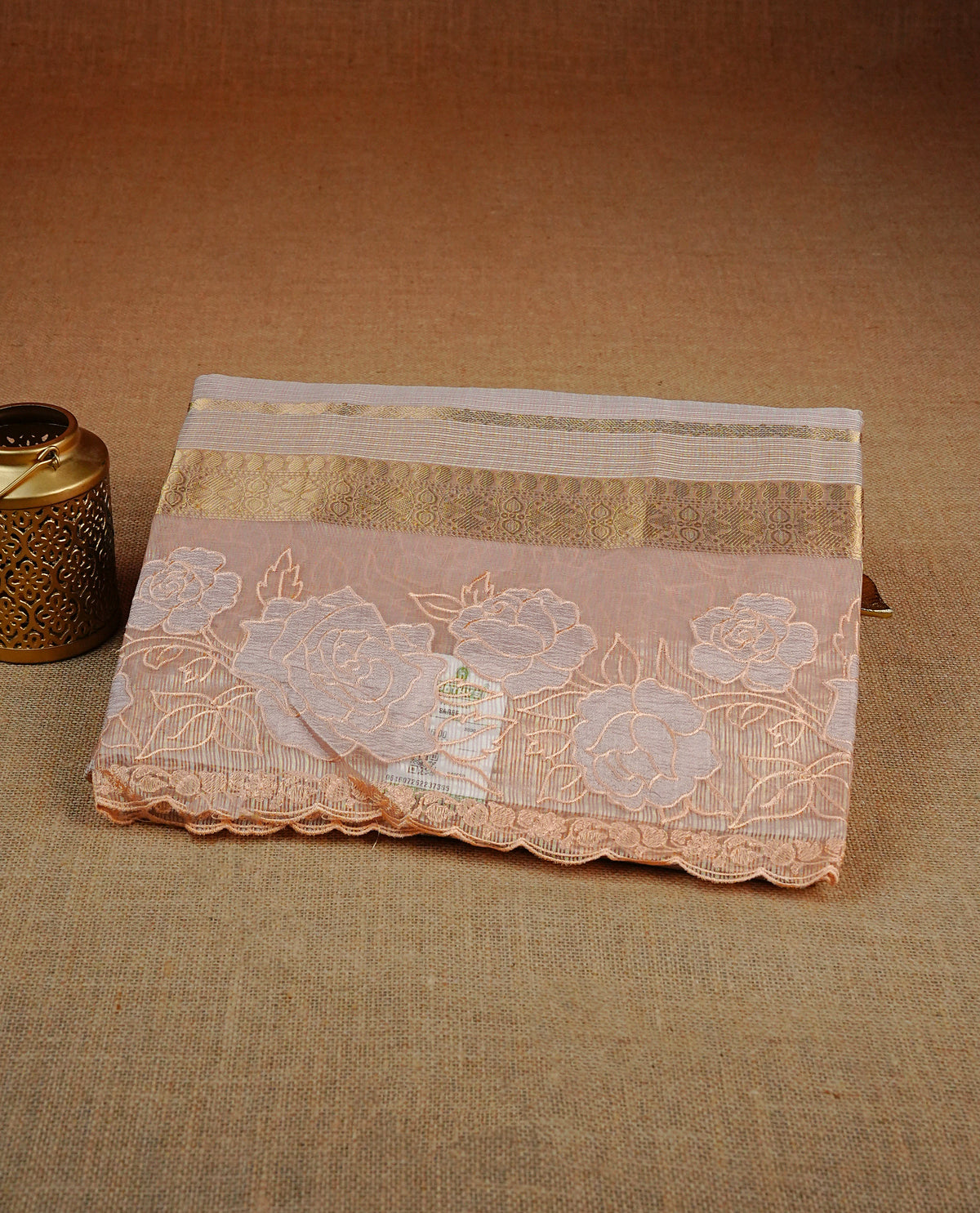 Pastel Peach colour Net Kota Designer saree.