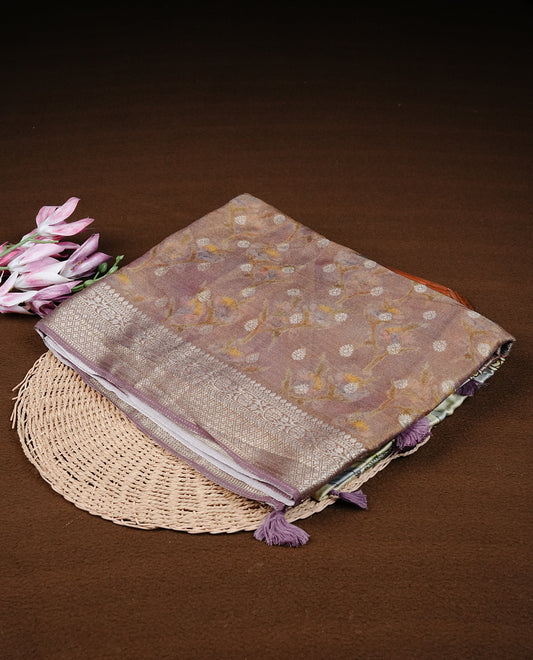 Light pink colour semi Banaras silk saree featuring with Digital printed body and traditional buttas on border, comes with matching blouse piece.