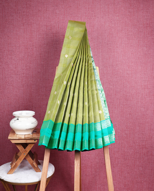 Bright olive colour soft silk saree
